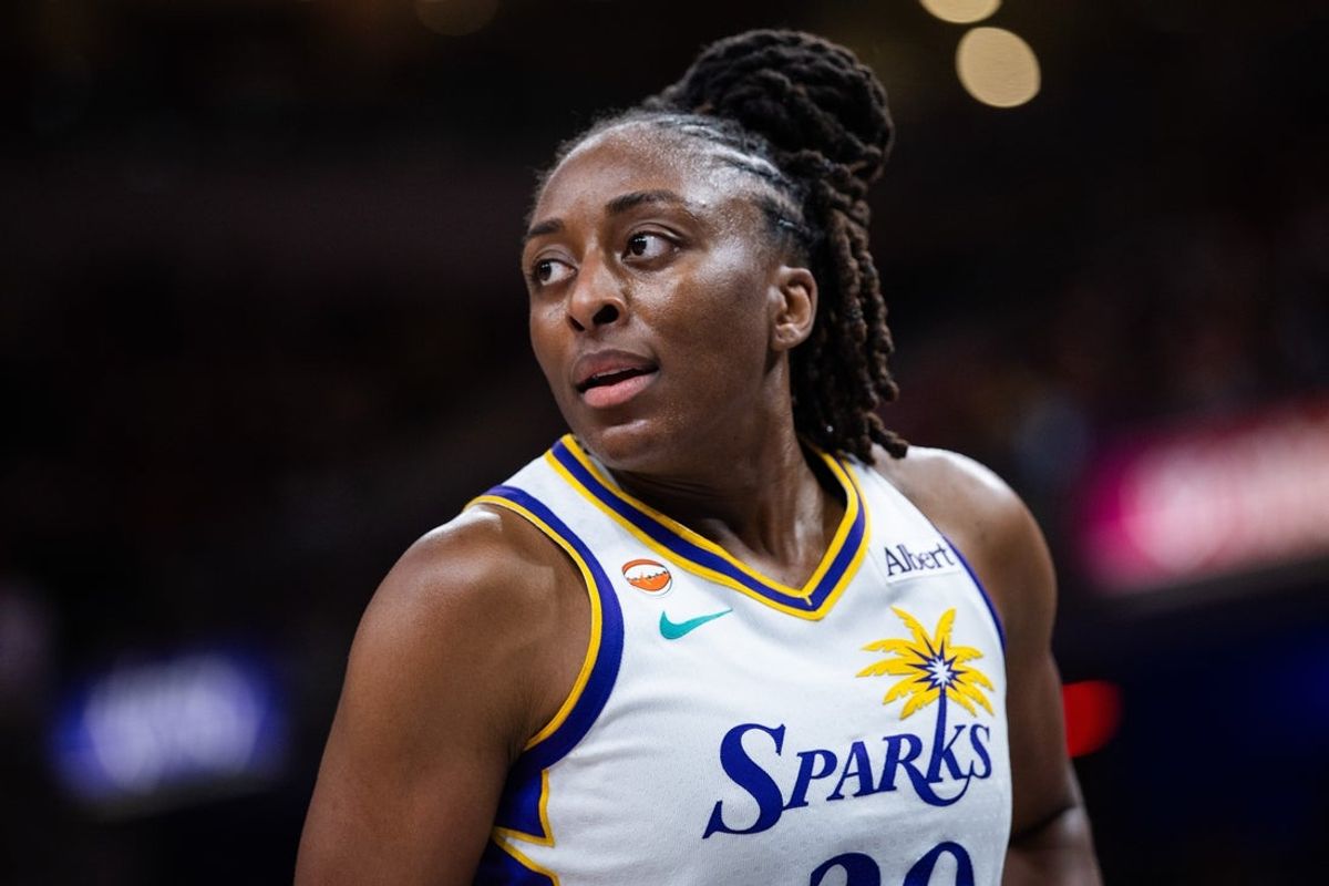 Jun 27, 2026; Indianapolis, Indiana, USA;  Los Angeles Sparks forward Nneka Ogwumike (30) in the first half against the Indiana Fever at Gainbridge Fieldhouse. Mandatory Credit: Trevor Ruszkowski-Imagn Images