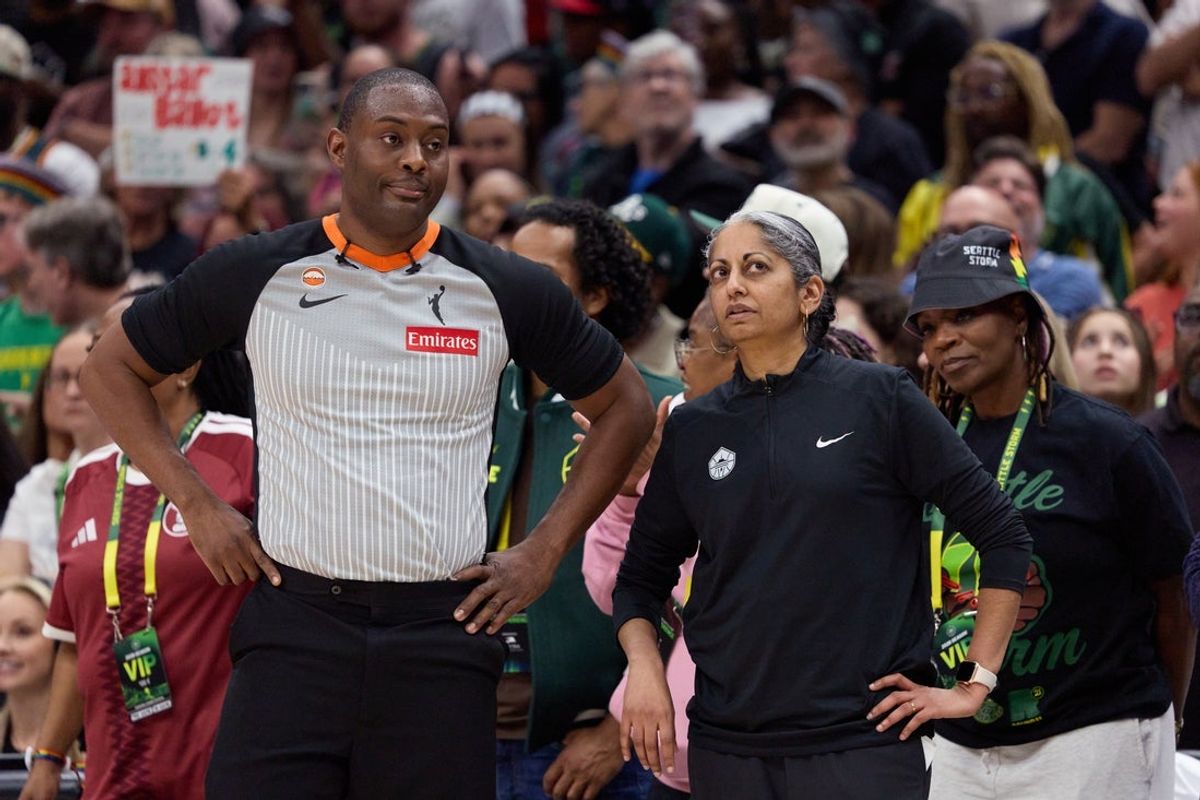 Jun 27, 2026; Seattle, Washington, USA; Seattle Storm head coach Sonia Raman speaks to an official in the fourth quarter at Climate Pledge Arena. Mandatory Credit: Richard Dizon-Imagn Images