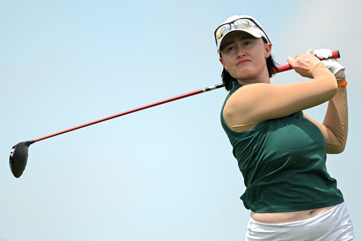 Jun 28, 2026; Chaska, Minnesota, USA; Karis Davidson takes a tee shot off of hole 1 during the final round of the KPMG Women's PGA Championship golf tournament. Mandatory Credit: Nick Wosika-Imagn Images