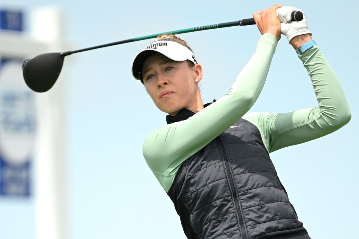 Jun 28, 2026; Chaska, Minnesota, USA; Nelly Korda takes a tee shot off of hole 1 during the final round of the KPMG Women's PGA Championship golf tournament. Mandatory Credit: Nick Wosika-Imagn Images