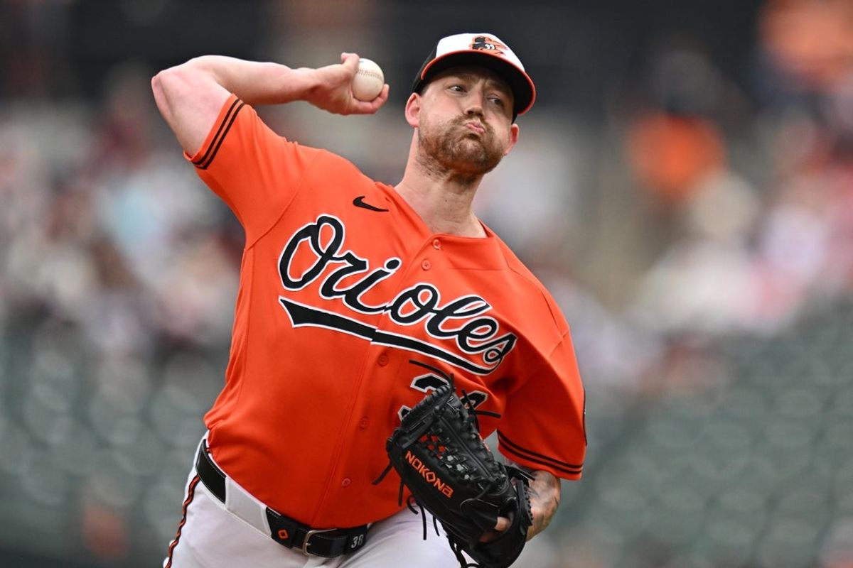 Jun 28, 2026; Baltimore, Maryland, USA;  Baltimore Orioles pitcher Kyle Bradish (38) pitches in the first inning against the Washington Nationals at Oriole Park at Camden Yards. Mandatory Credit: Jamie Sabau-Imagn Images