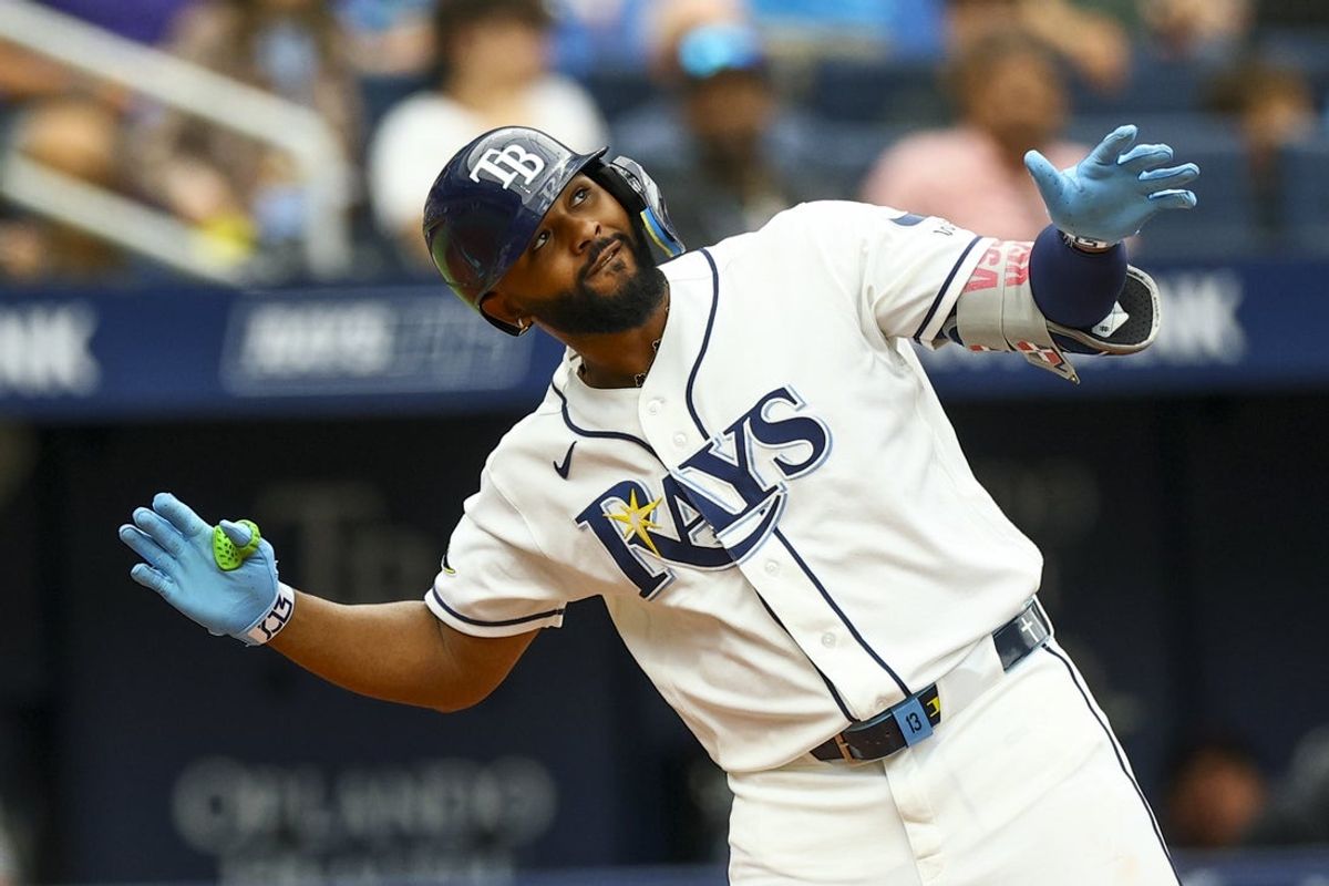 Jun 28, 2026; St. Petersburg, Florida, USA; Tampa Bay Rays third baseman Junior Caminero (13) reacts after hitting a home run against the Arizona Diamondbacks in the fifth inning at Tropicana Field. Mandatory Credit: Nathan Ray Seebeck-Imagn Images