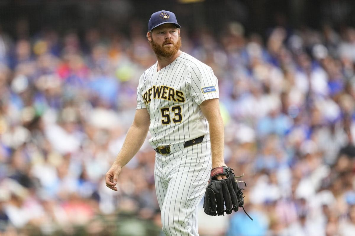 Jun 28, 2026; Milwaukee, Wisconsin, USA;  Milwaukee Brewers pitcher Brandon Woodruff (53) walks to the dugout after being removed from the game during the sixth inning against the Chicago Cubs at American Family Field. Mandatory Credit: Jeff Hanisch-Imagn Images