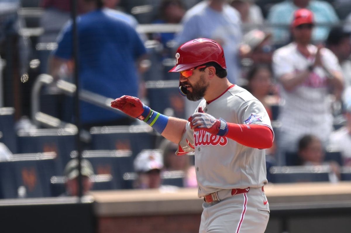 Jun 28, 2026; New York City, New York, USA; Philadelphia Phillies designated hitter Kyle Schwarber (12) reacts after hitting a two run home run against the New York Mets during the seventh inning at Citi Field. Mandatory Credit: John Jones-Imagn Images