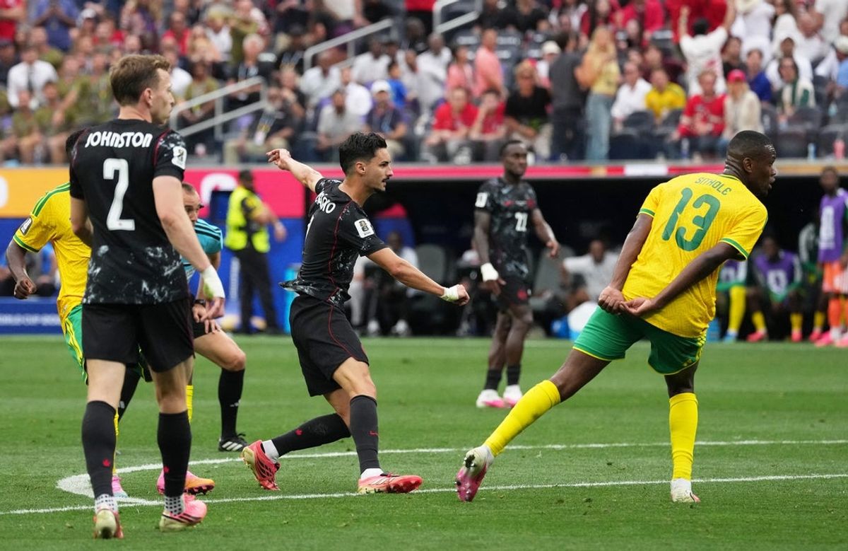 June 28, 2026; Inglewood, California, U.S.; Canada's Stephen Eustaquio scores their first goal.  Mandatory Credit: Kirby Lee-Imagn Images