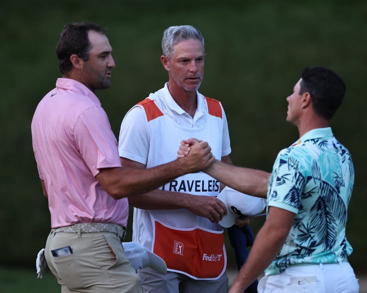 Jun 28, 2026; Cromwell, Connecticut, USA; Viktor Hovland & Scottie Scheffle during the final round of the Travelers Championship golf tournament. Mandatory Credit: John Dufour-Imagn Images