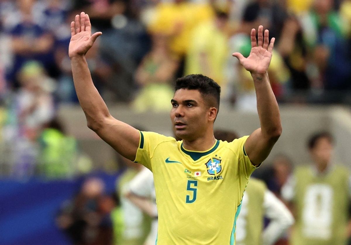 June 29, 2026; Houston, Texas, U.S.; Brazil's Casemiro celebrates after the match.  Mandatory Credit: Troy Taormina-Imagn Images