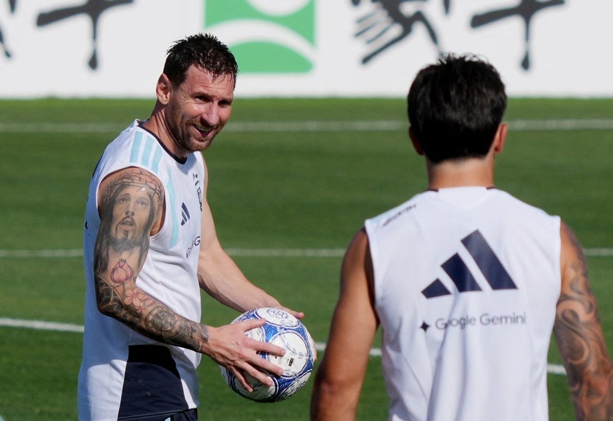 June 29, 2026; Kansas City, Kansas, U.S.; Argentina's Lionel Messi during training.  Mandatory Credit: Jay Biggerstaff-Imagn Images