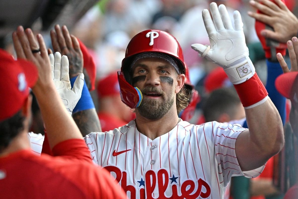 Jun 29, 2026; Philadelphia, Pennsylvania, USA; Philadelphia Phillies first baseman Bryce Harper (3) celebrates his home run against the Pittsburgh Pirates during the third inning at Citizens Bank Park. Mandatory Credit: Eric Hartline-Imagn Images