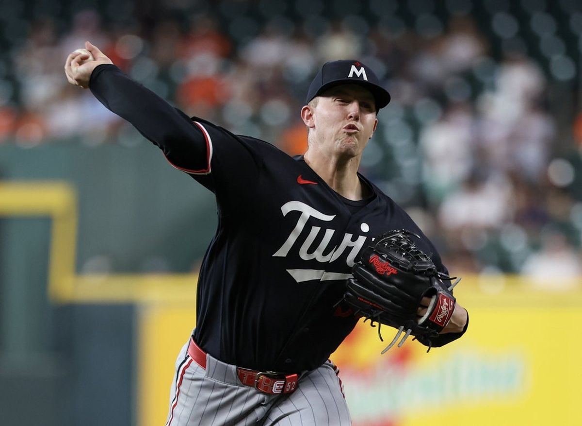 Jun 29, 2026; Houston, Texas, USA;  Minnesota Twins starting pitcher Zebby Matthews (52) pitches against the Houston Astros in the first inning at Daikin Park. Mandatory Credit: Thomas Shea-Imagn Images