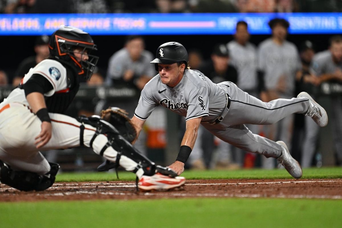 Jun 29, 2026; Baltimore, Maryland, USA;  Chicago White Sox outfielder Sam Antonacci (17) scores a run in the eighth inning against the Baltimore Orioles at Oriole Park at Camden Yards. Mandatory Credit: Jamie Sabau-Imagn Images