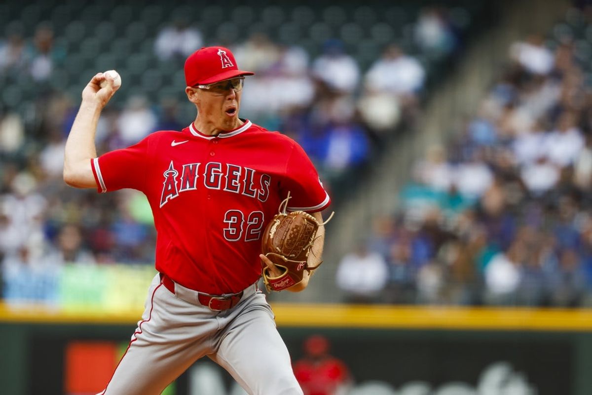 Jun 29, 2026; Seattle, Washington, USA; Los Angeles Angels starting pitcher Ryan Johnson (32) throws against the Seattle Mariners during the first inning at T-Mobile Park. Mandatory Credit: Joe Nicholson-Imagn Images