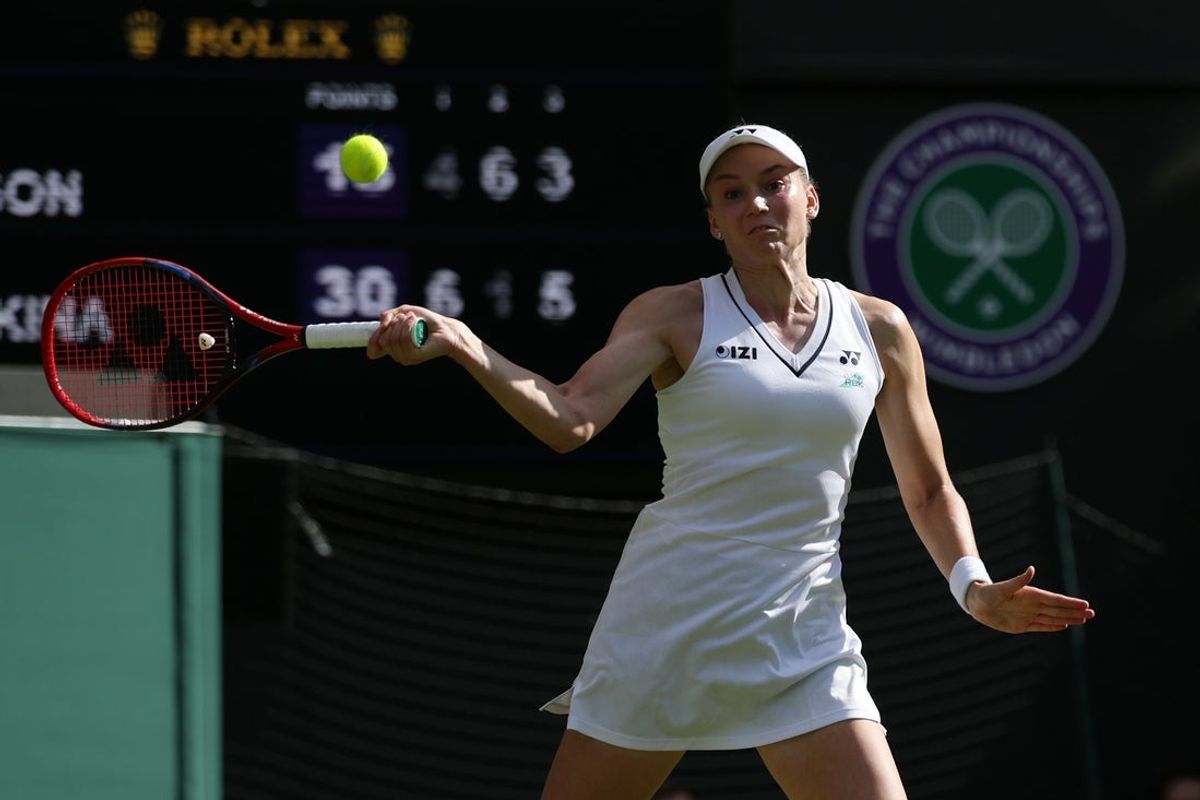 Jun 30, 2026; London, United Kingdom; Elena Rybakina (KAZ) hits a forehand against Lois Boisson (FRA) (not pictured) on day two of The Championships Wimbledon 2026 at All England Lawn Tennis and Croquet Club. Mandatory Credit: Geoff Burke-Imagn Images