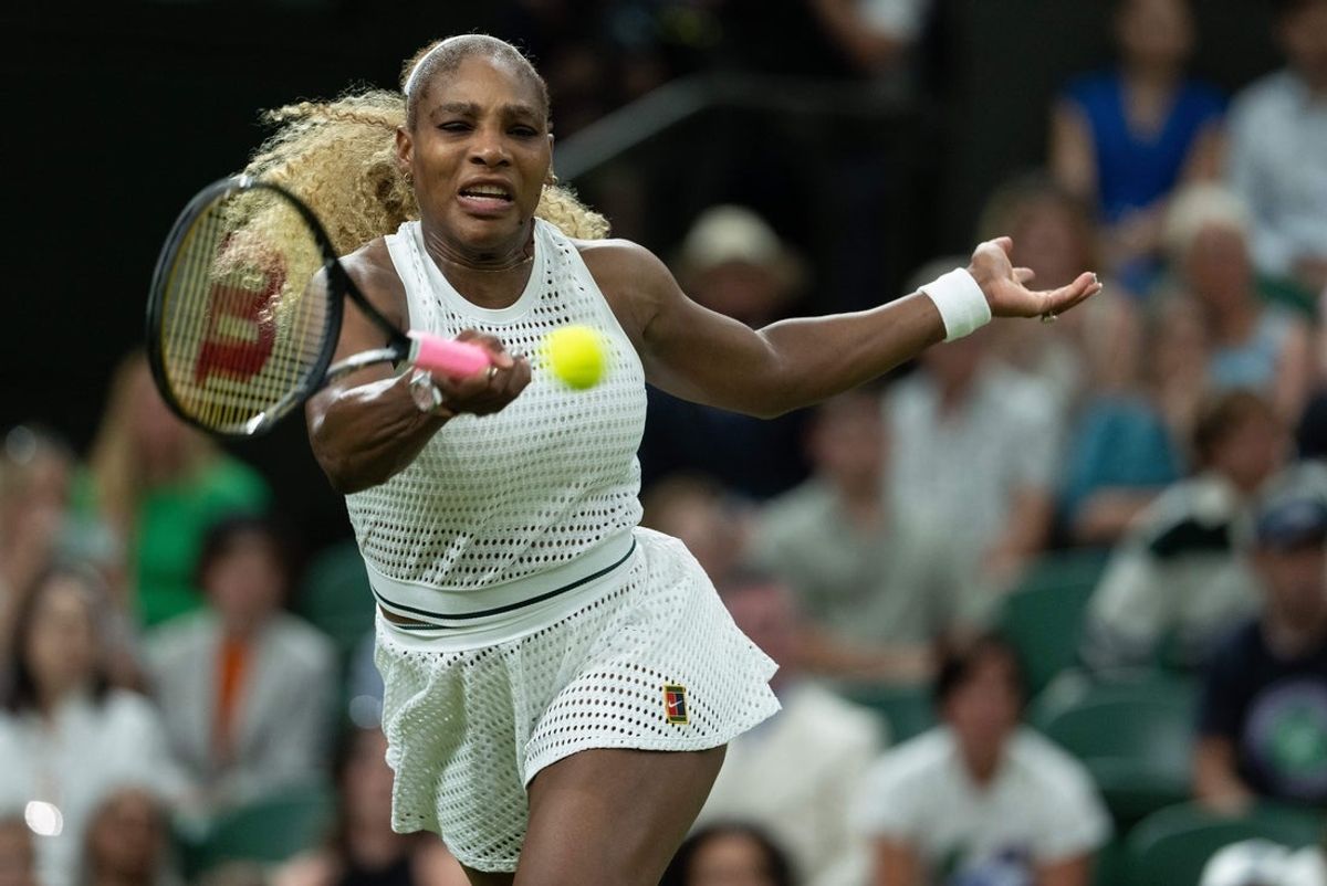 Jun 30, 2026; London, United Kingdom;  Serena Williams of the United States returns a shot during her match against Maya Joint of Australia on day two at All England Lawn Tennis and Croquet Club. Mandatory Credit: Susan Mullane-Imagn Images