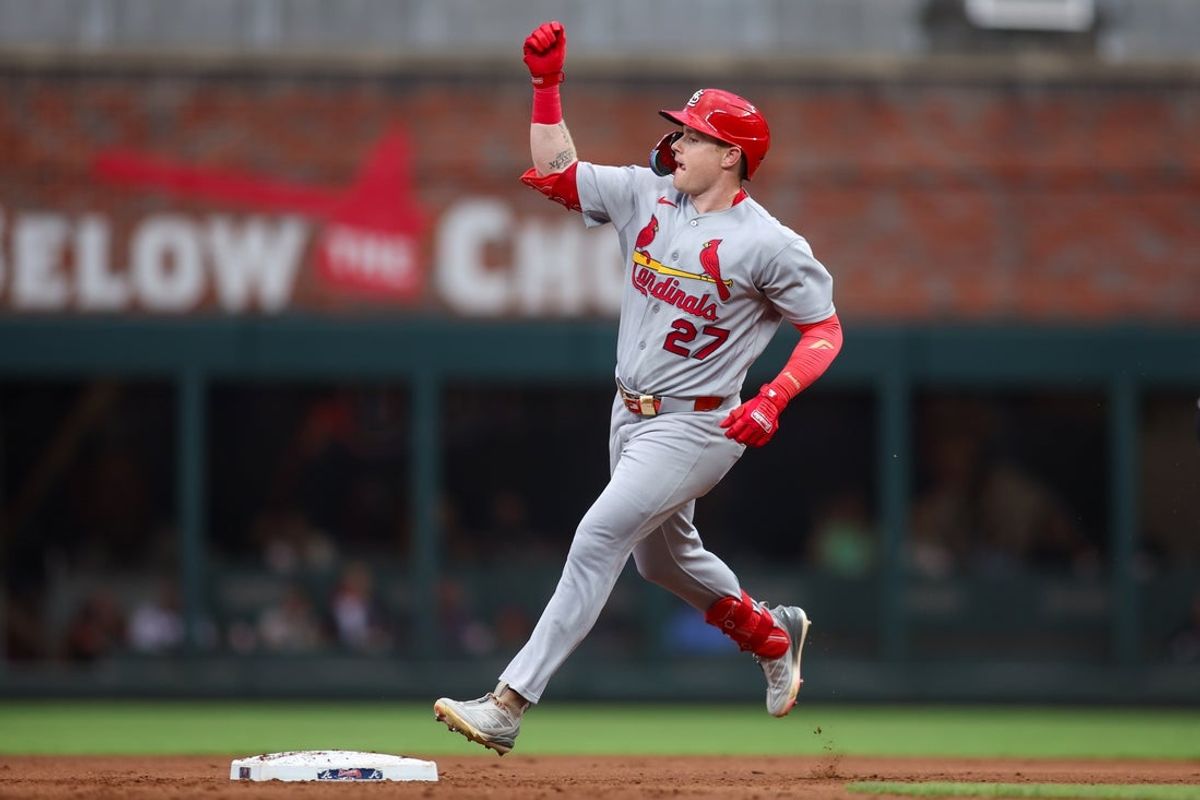 Jun 30, 2026; Atlanta, Georgia, USA; St. Louis Cardinals center fielder Nathan Church (27) celebrates after a three-run home run against the Atlanta Braves in the fourth inning at Truist Park. Mandatory Credit: Brett Davis-Imagn Images