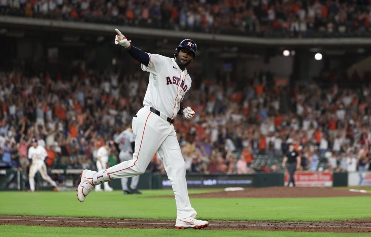 Jun 30, 2026; Houston, Texas, USA;  Houston Astros left fielder Yordan Alvarez (44) reacts after hitting a grand slam against the Minnesota Twins in the fourth inning at Daikin Park. Mandatory Credit: Thomas Shea-Imagn Images