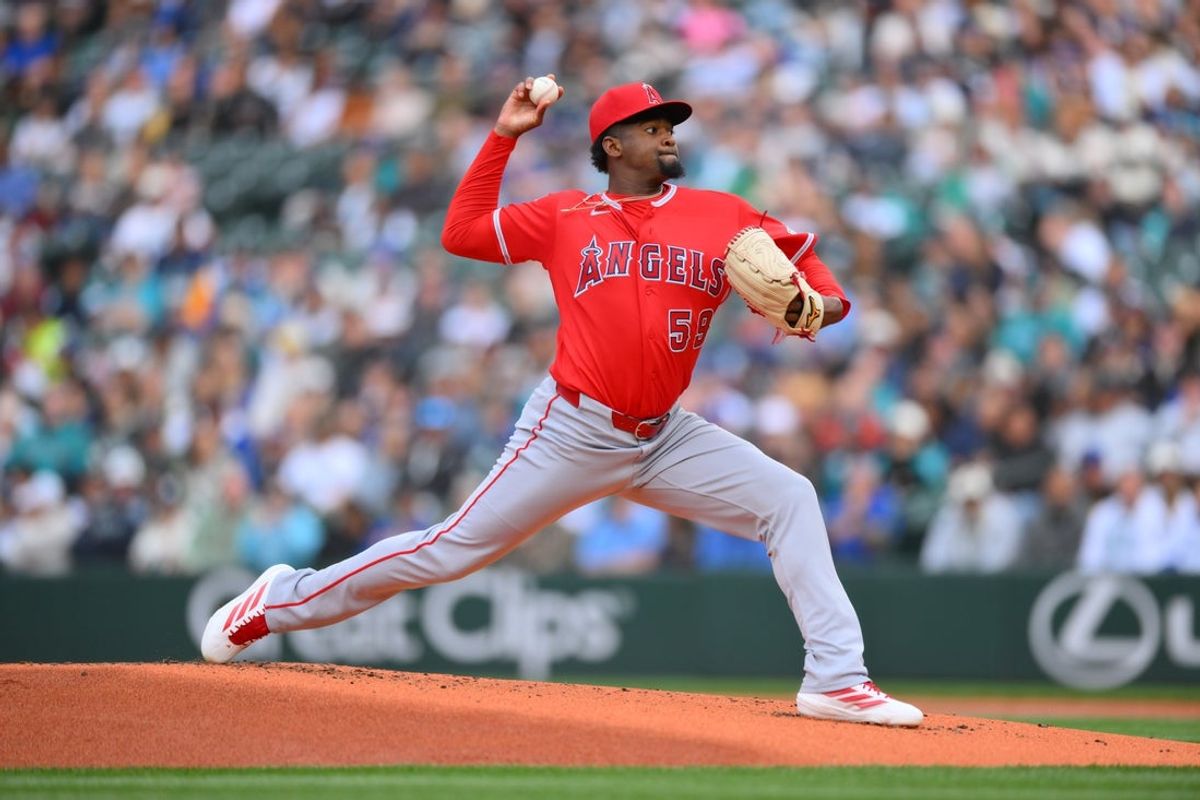 Jun 30, 2026; Seattle, Washington, USA; Los Angeles Angels starting pitcher Jose Soriano (59) pitches to the Seattle Mariners during the first inning at T-Mobile Park. Mandatory Credit: Steven Bisig-Imagn Images