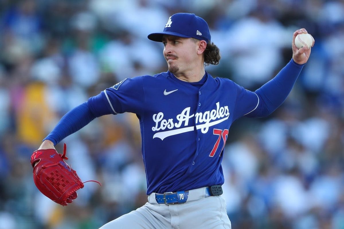 Jun 30, 2026; West Sacramento, California, USA; Los Angeles Dodgers pitcher Justin Wrobleski (70) throws to an Athletics batter during the first inning at Sutter Health Park. Mandatory Credit: Scott Marshall-Imagn Images