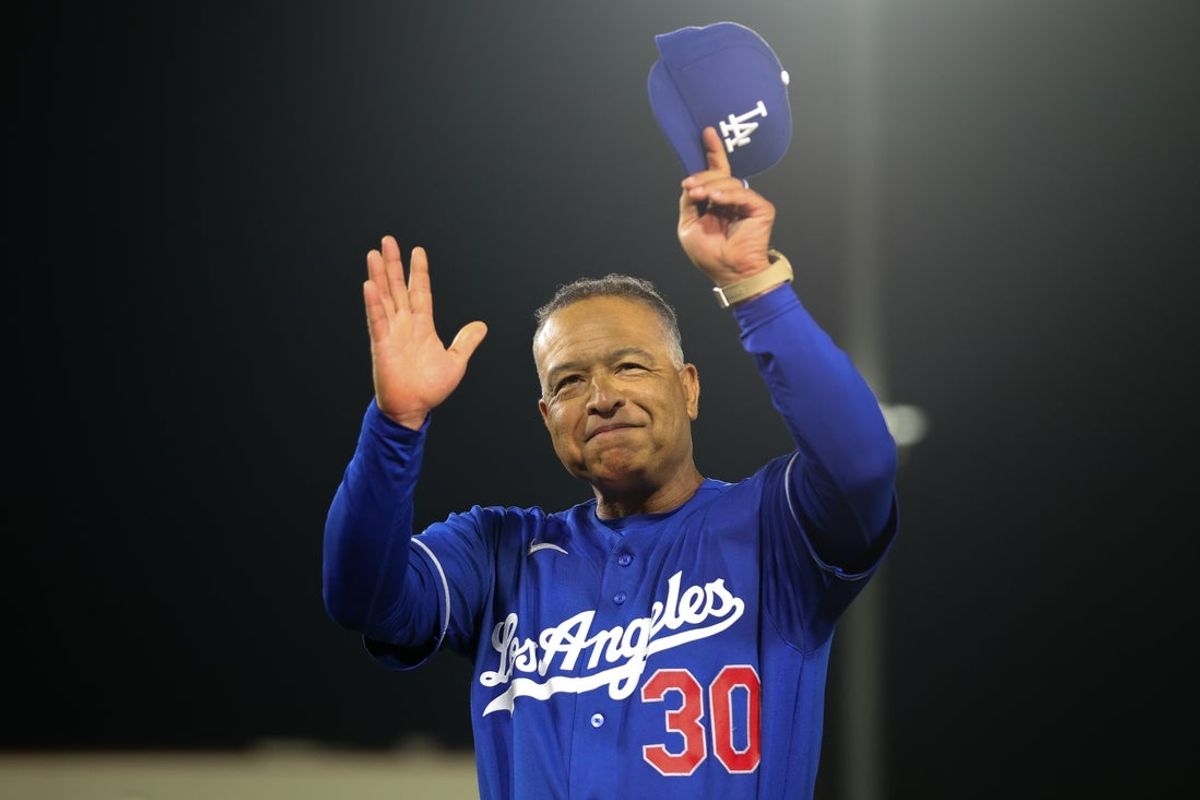 Jun 30, 2026; West Sacramento, California, USA; Los Angeles Dodgers manager Dave Roberts (30) gestures towards the crowd after the Los Angeles Dodgers defeat the Athletics as he earns his 1000th career win as a manager at Sutter Health Park. Mandatory Credit: Scott Marshall-Imagn Images
