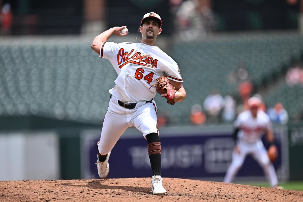 Jul 1, 2026; Baltimore, Maryland, USA;  Baltimore Orioles pitcher Dean Kremer (64) pitches in the second inning against the Chicago White Sox at Oriole Park at Camden Yards. Mandatory Credit: Jamie Sabau-Imagn Images