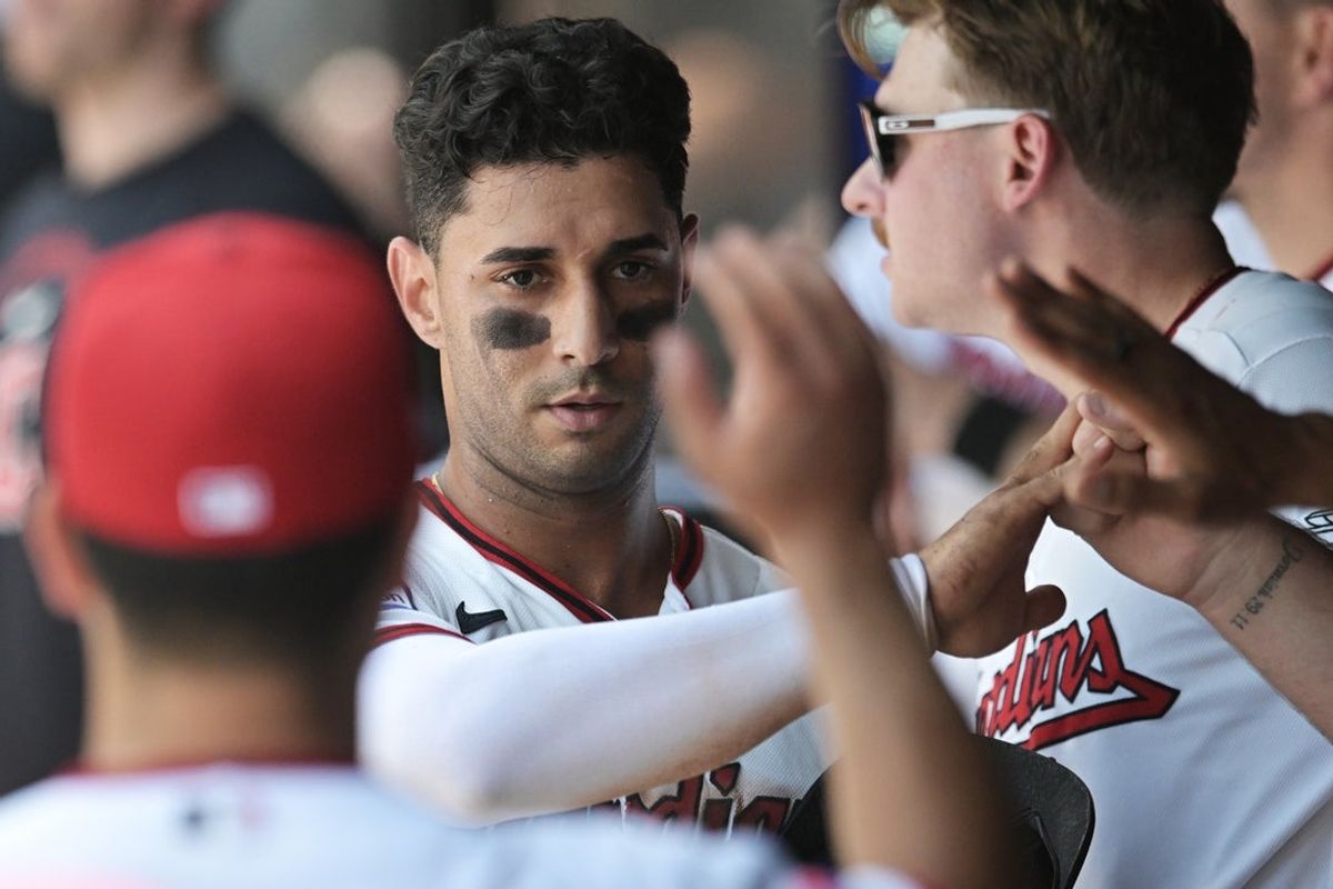 Jul 1, 2026; Cleveland, Ohio, USA; Cleveland Guardians shortstop Brayan Rocchio (4) celebrates after scoring during the second inning against the Texas Rangers at Progressive Field. Mandatory Credit: Ken Blaze-Imagn Images