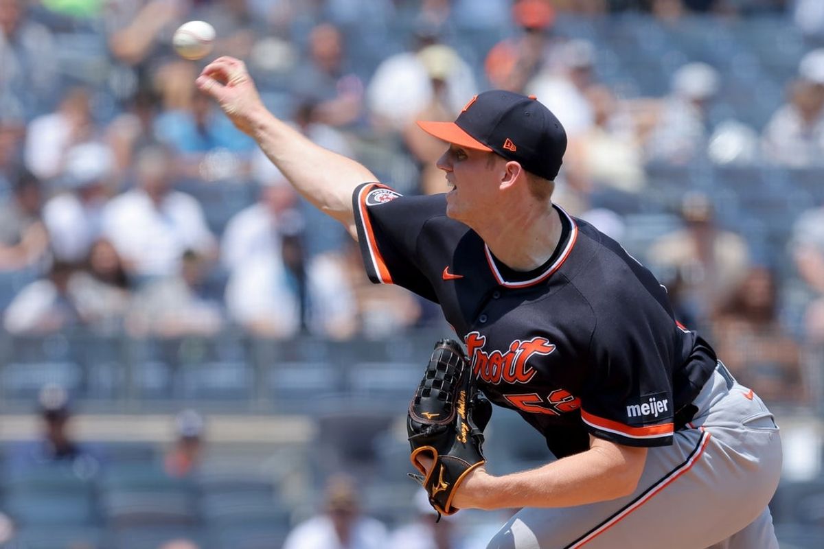 Jul 1, 2026; Bronx, New York, USA; Detroit Tigers starting pitcher Troy Melton (52) pitches against the New York Yankees during the first inning at Yankee Stadium. Mandatory Credit: Brad Penner-Imagn Images