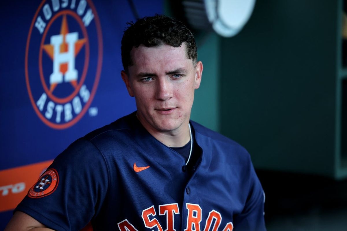 Jul 1, 2026; Houston, Texas, USA; Houston Astros pitcher Hunter Brown (58) in the dugout prior to the game against the Minnesota Twins at Daikin Park. Mandatory Credit: Erik Williams-Imagn Images