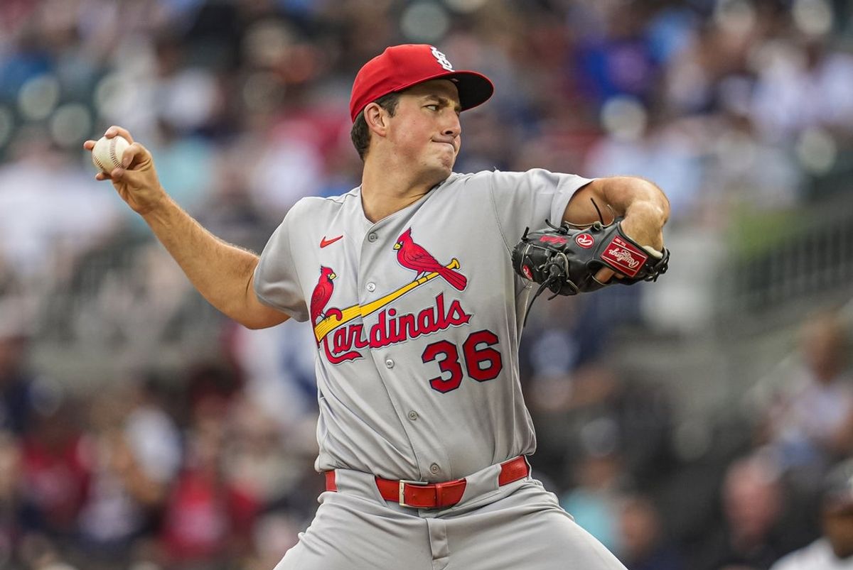 Jul 1, 2026; Cumberland, Georgia, USA; St. Louis Cardinals pitcher Michael McGreevy (36) pitches against the Atlanta Braves during the first inning at Truist Park. Mandatory Credit: Dale Zanine-Imagn Images