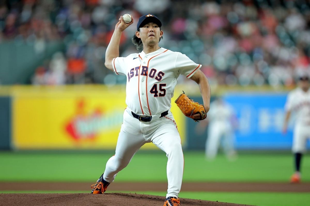 Jul 1, 2026; Houston, Texas, USA; Houston Astros pitcher Tatsuya Imai (45) delivers a pitch against the Minnesota Twins during the first inning at Daikin Park. Mandatory Credit: Erik Williams-Imagn Images