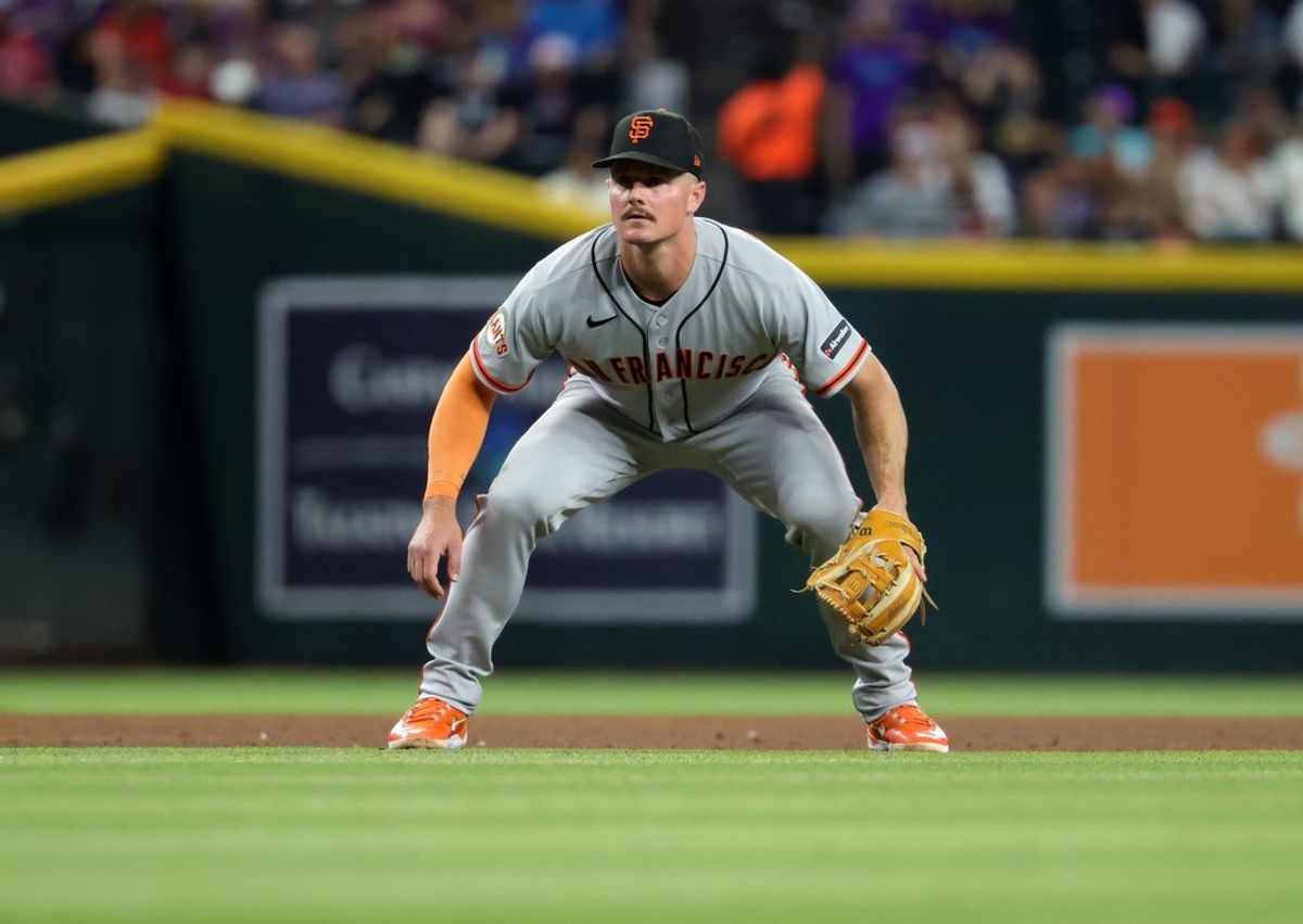 Jun 30, 2026; Phoenix, Arizona, USA; San Francisco Giants third baseman Matt Chapman against the Arizona Diamondbacks at Chase Field. Mandatory Credit: Mark J. Rebilas-Imagn Images