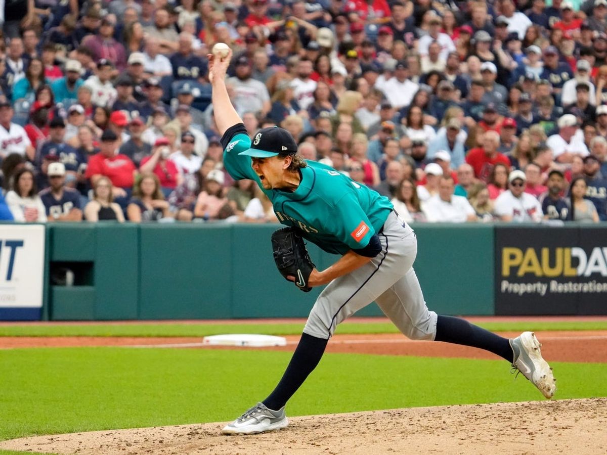 Seattle Mariners pitcher Logan Gilbert unleashes a pitch against the Cleveland Guardians during a Major League Baseball game on June 27, 2026, at Progressive Field in Cleveland. The Guardians won, 4-3, despite seven innings pitched from Gilbert in the loss.