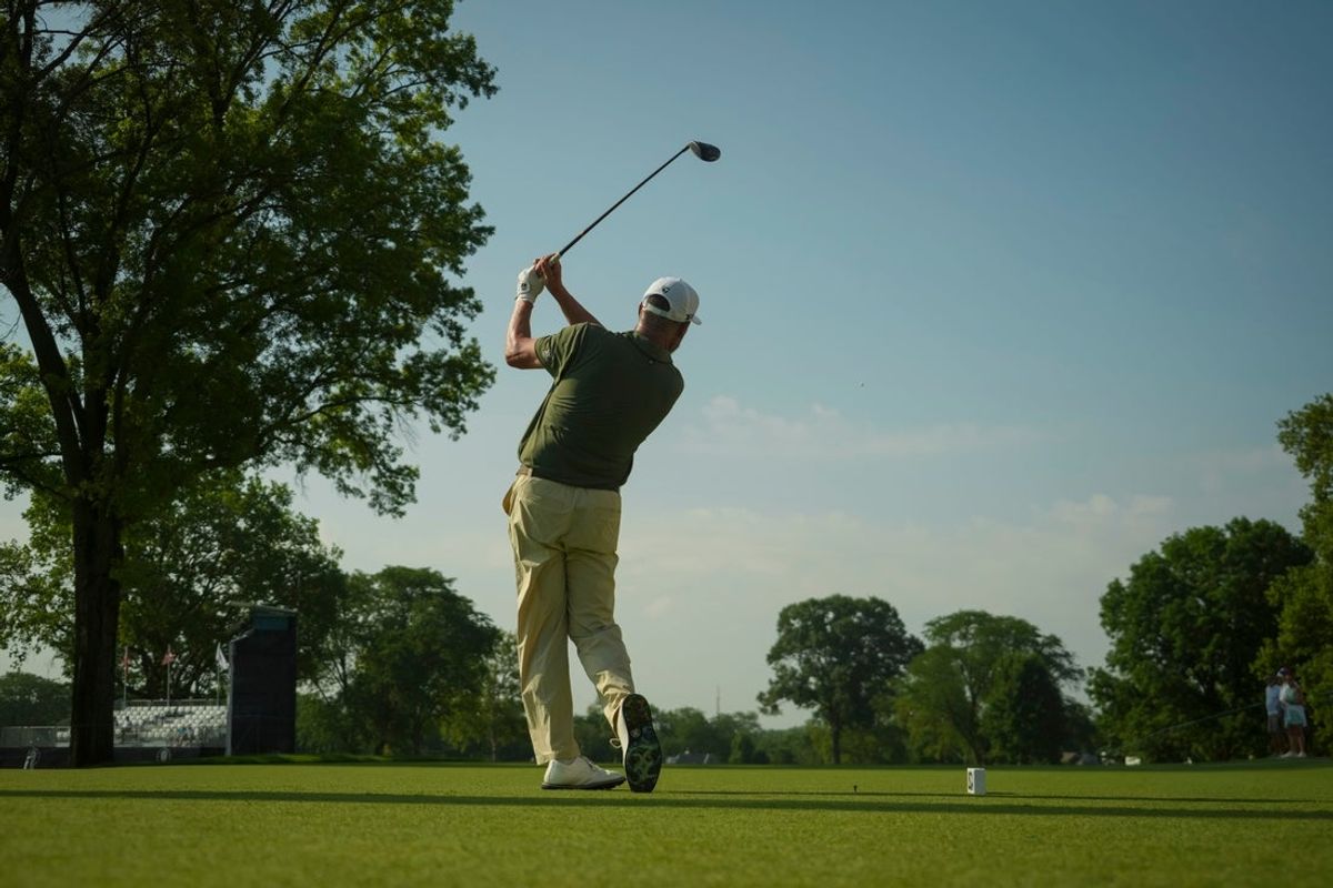 Michael Block tees off on the first hole during the first round of the U.S. Senior Open at Scioto Country Club in Columbus on July 2, 2026.