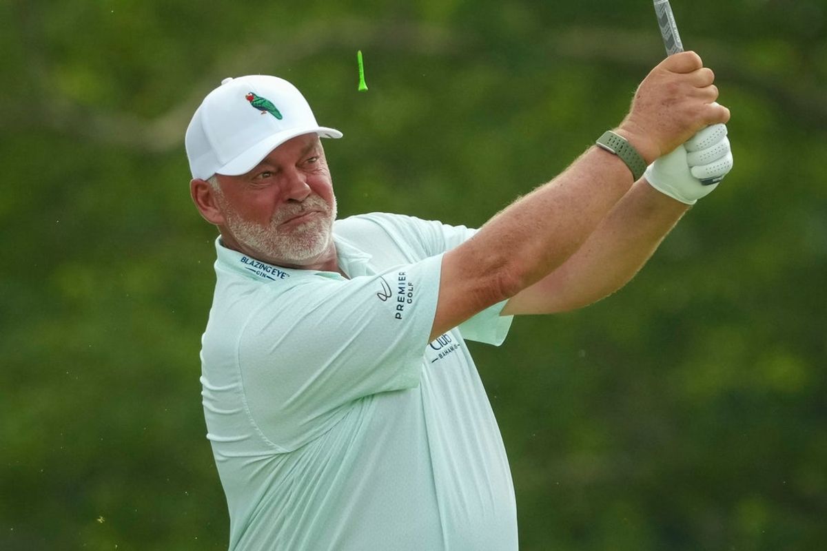Darren Clarke tees off on nine during the first round of the U.S. Senior Open at Scioto Country Club in Columbus on July 2, 2026.