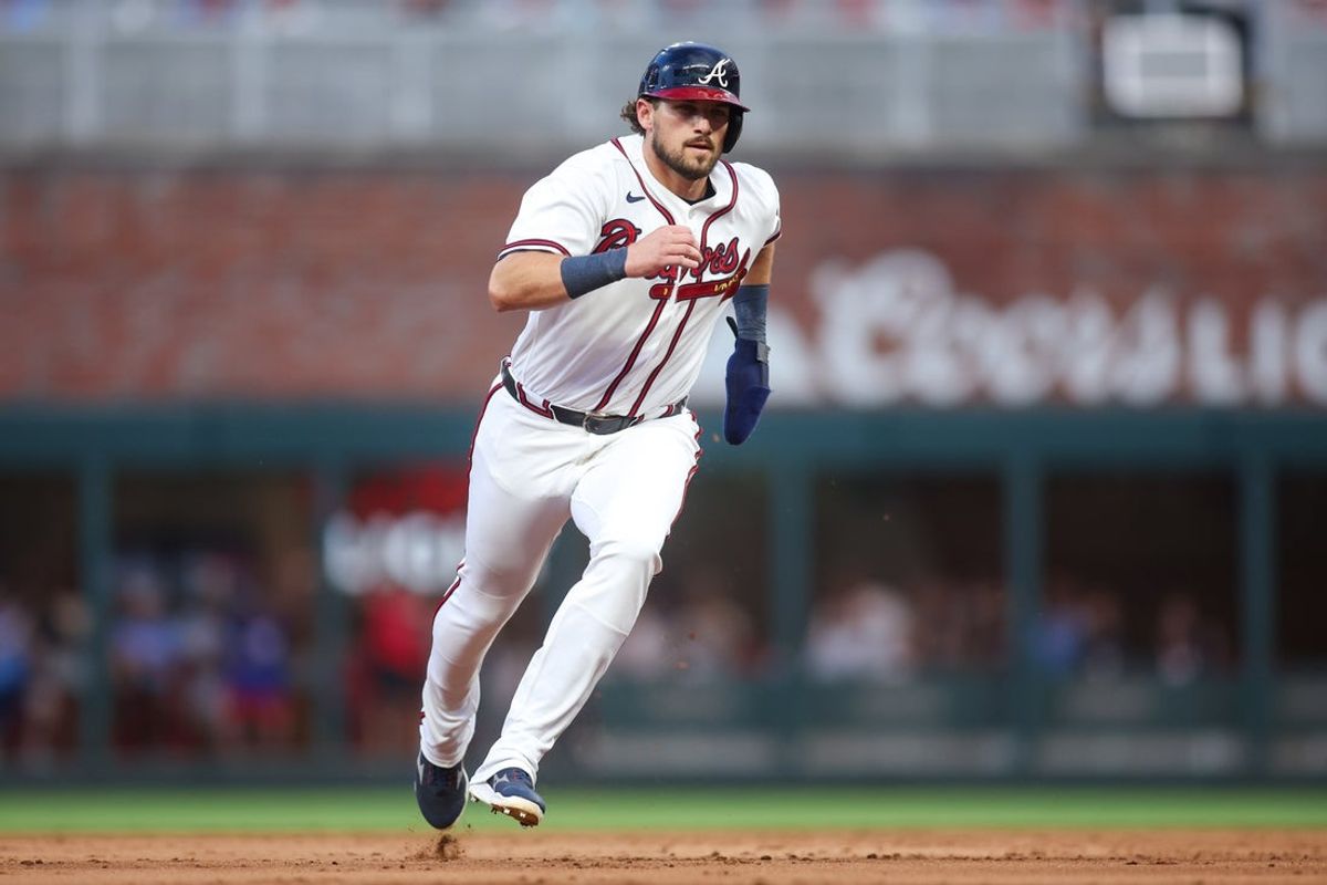 Jul 2, 2026; Atlanta, Georgia, USA; Atlanta Braves third baseman Austin Riley (27) runs to third against the St. Louis Cardinals in the first inning at Truist Park. Mandatory Credit: Brett Davis-Imagn Images