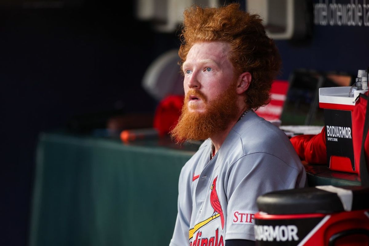 Jul 2, 2026; Atlanta, Georgia, USA; St. Louis Cardinals pitcher Dustin May (3) reacts on the bench after being removed from a game against the Atlanta Braves in the first inning at Truist Park. Mandatory Credit: Brett Davis-Imagn Images