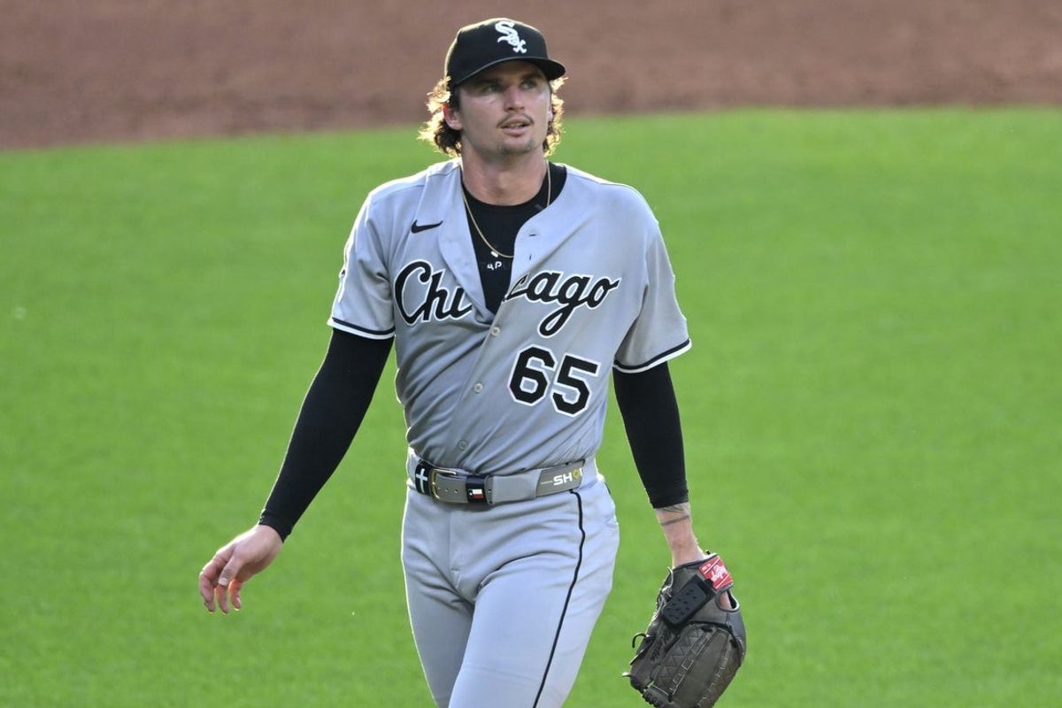 Jul 2, 2026; Cleveland, Ohio, USA; Chicago White Sox starting pitcher Davis Martin (65) reacts after walking in a run in the third inning against the Cleveland Guardians at Progressive Field. Mandatory Credit: David Richard-Imagn Images