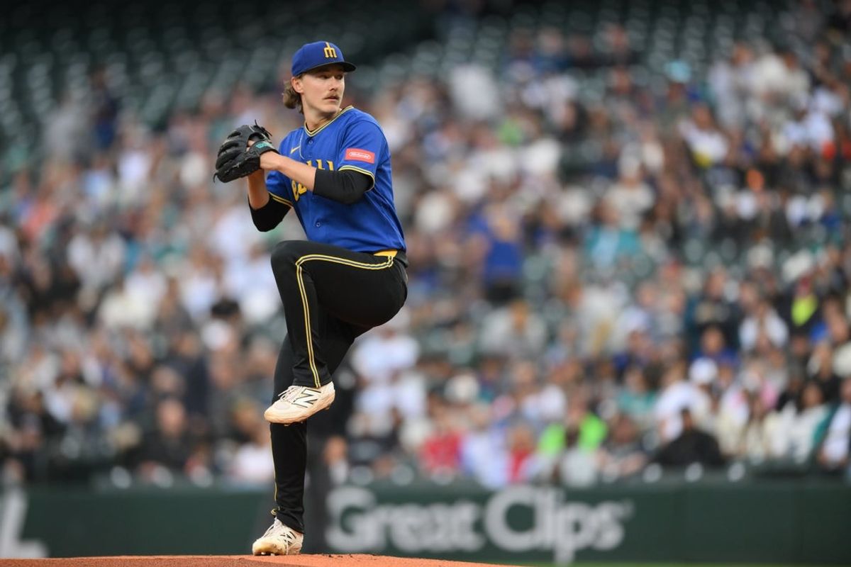 Jul 2, 2026; Seattle, Washington, USA; Seattle Mariners starting pitcher Bryce Miller (50) pitches to the Los Angeles Angels during the first inning at T-Mobile Park. Mandatory Credit: Steven Bisig-Imagn Images