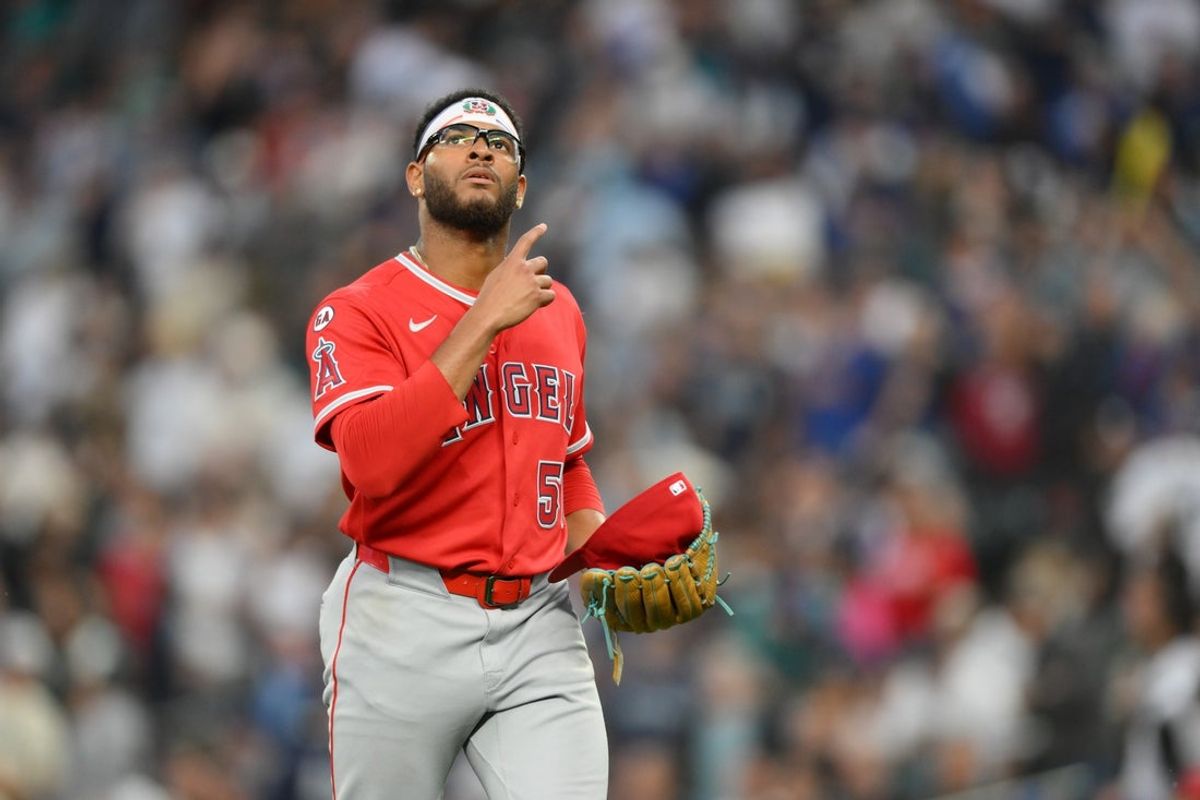 Jul 2, 2026; Seattle, Washington, USA; Los Angeles Angels starting pitcher Walbert Urena (57) walks off the field after being pulled from the game during the sixth inning against the Seattle Mariners at T-Mobile Park. Mandatory Credit: Steven Bisig-Imagn Images
