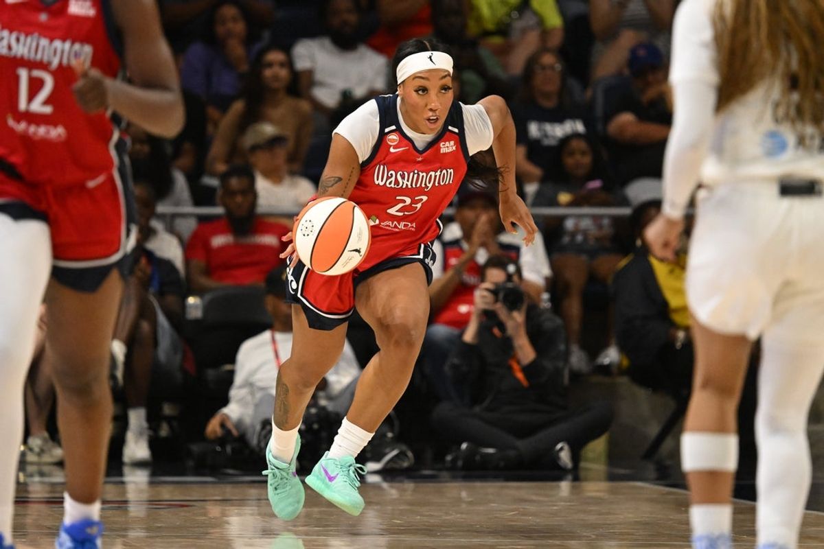 Jul 2, 2026; Washington, District of Columbia, USA; Washington Mystics guard Cotie McMahon (23) dribbles the ball against the Atlanta Dream during the fourth quarter at CareFirst Arena. Mandatory Credit: Rafael Suanes-Imagn Images