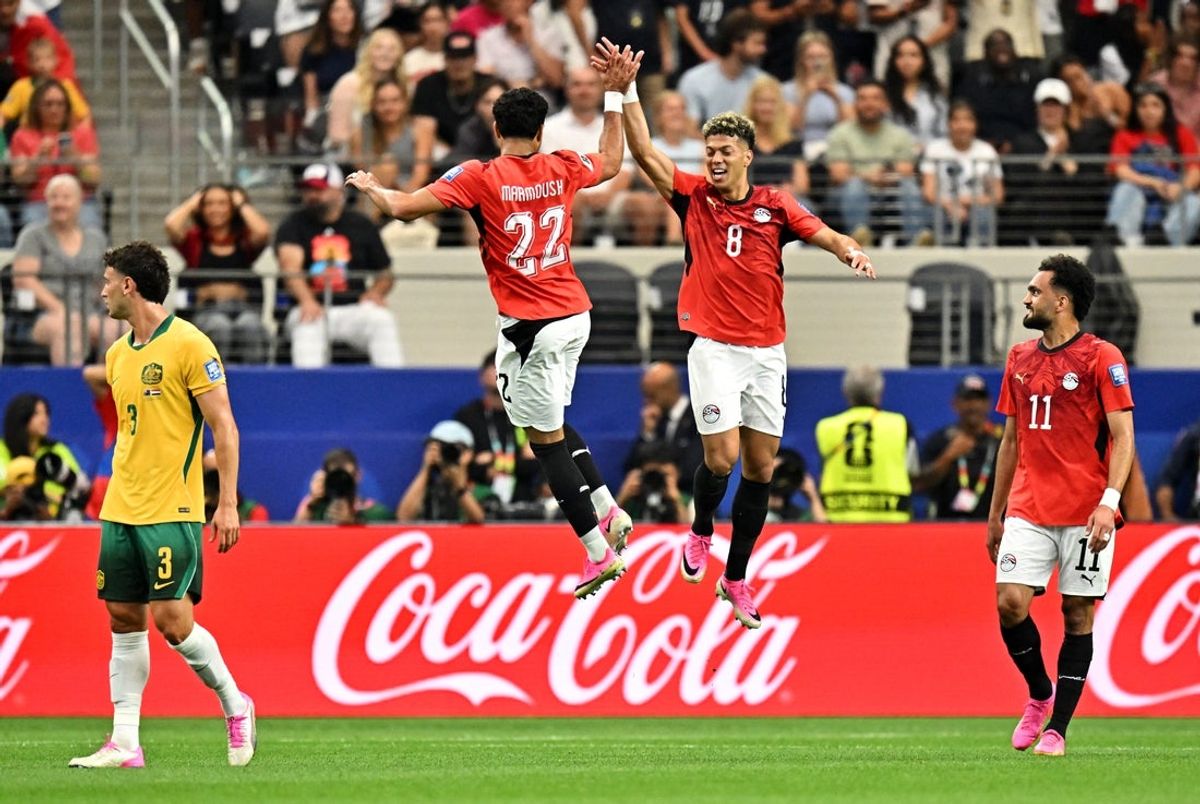 July 3, 2026; Arlington, Texas, U.S.; Egypt's Emam Ashour celebrates scoring their first goal with Egypt's Omar Marmoush.  Mandatory Credit: Maria Lysaker-Imagn Images