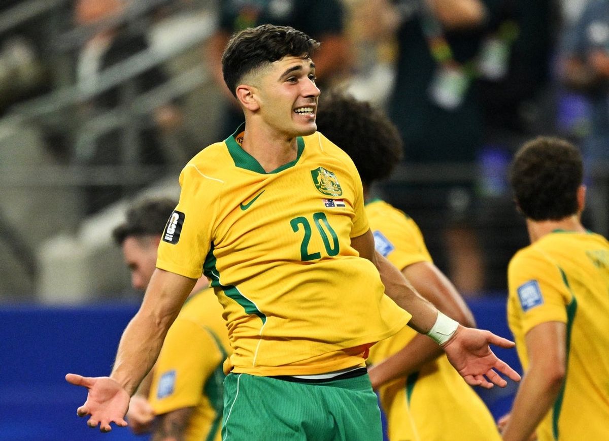 July 3, 2026; Arlington, Texas, U.S.; Australia's Cristian Volpato celebrates with team mates after Egypt's Mohamed Hany scored an own goal and Australia's first.  Mandatory Credit: Jerome Miron-Imagn Images