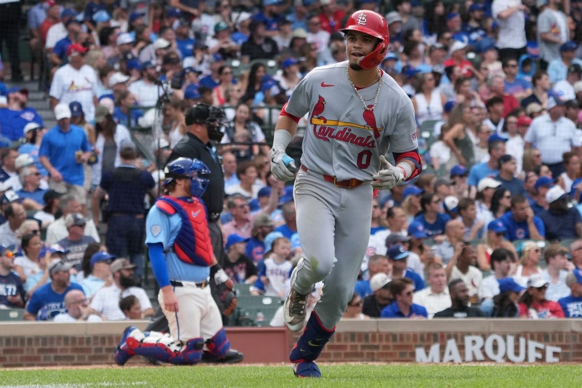 Jul 3, 2026; Chicago, Illinois, USA; St. Louis Cardinals shortstop Masyn Winn (0) runs the bases after hitting a three-run home run against the Chicago Cubs during the fourth inning at Wrigley Field. Mandatory Credit: David Banks-Imagn Images
