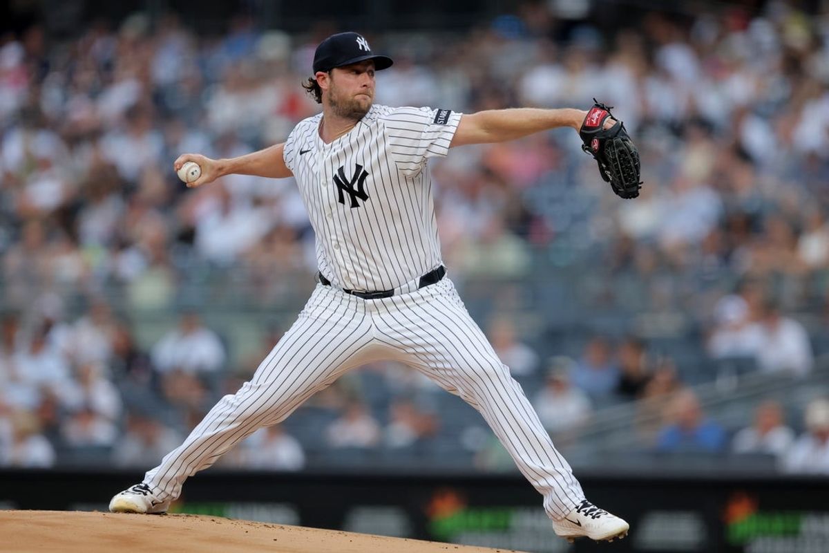 Jul 3, 2026; Bronx, New York, USA; New York Yankees starting pitcher Gerrit Cole (45) pitches against the Minnesota Twins during the first inning at Yankee Stadium. Mandatory Credit: Brad Penner-Imagn Images