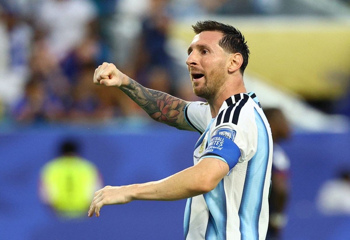 July 3, 2026; Miami Gardens, Florida, U.S.; Argentina's Lionel Messi celebrates after Lisandro Martinez scores their second goal.  Mandatory Credit: Nathan Ray Seebeck-Imagn Images