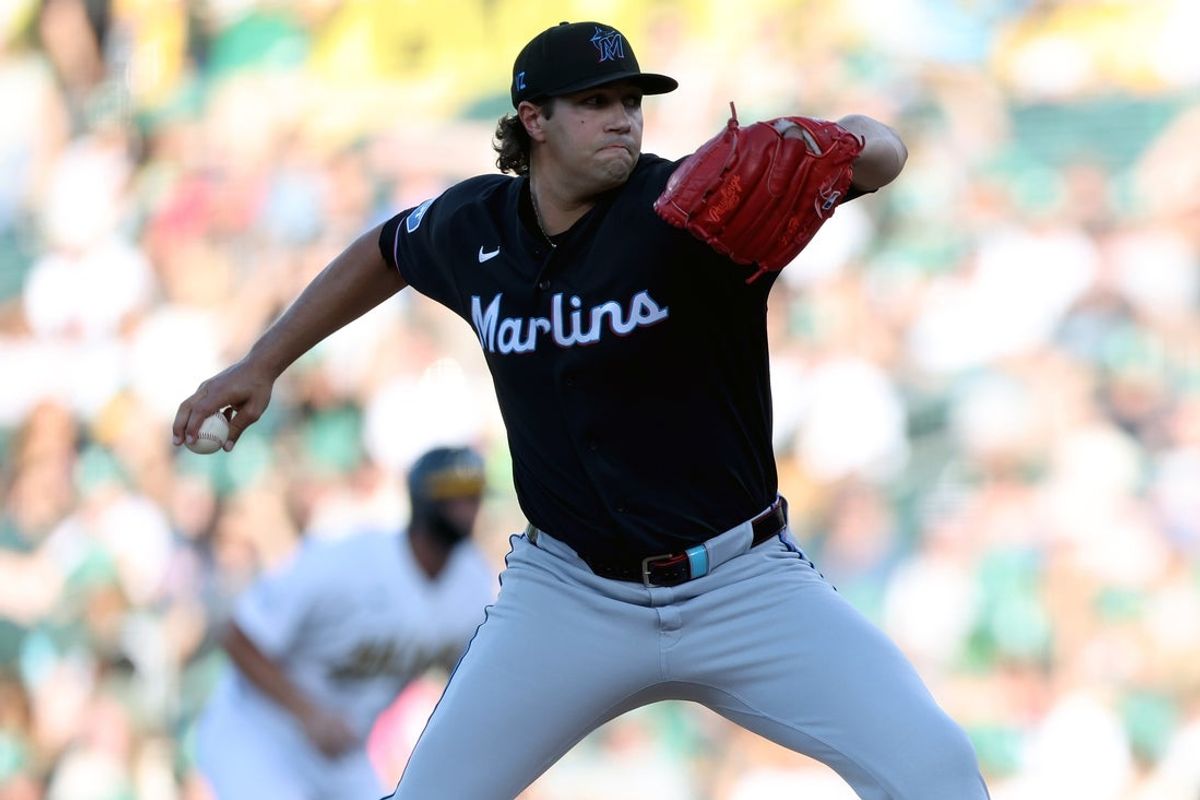 Jul 3, 2026; West Sacramento, California, USA; Miami Marlins starting pitcher Tyler Phillips (30) throws a pitch against the Athletics during the first inning at Sutter Health Park. Mandatory Credit: Dennis Lee-Imagn Images