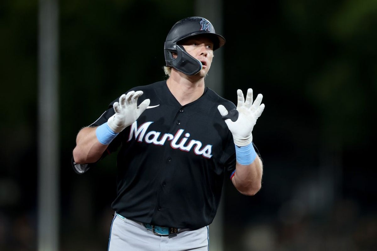 Jul 3, 2026; West Sacramento, California, USA; Miami Marlins first baseman Kyle Stowers (28) acknowledges the dugout while running the bases after hitting a two-run home run against the Athletics during the eighth inning at Sutter Health Park. Mandatory Credit: Dennis Lee-Imagn Images