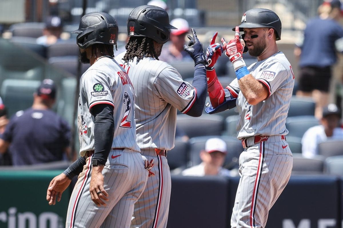 Jul 4, 2026; Bronx, New York, USA;  Minnesota Twins second baseman Kody Clemens (2) celebrates with his teammates after hitting a two run home run in the first inning against the New York Yankees at Yankee Stadium. Mandatory Credit: Wendell Cruz-Imagn Images