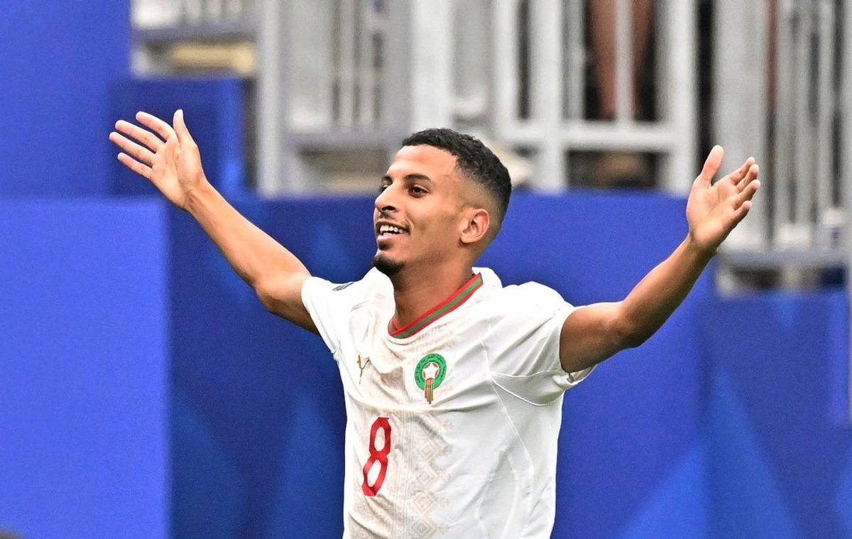 4 de julho de 2026; Houston, Texas, EUA; Azzedine Ounahi, do Marrocos, comemora seu primeiro gol. Crédito obrigatório: Maria Lysaker-Imagn Images