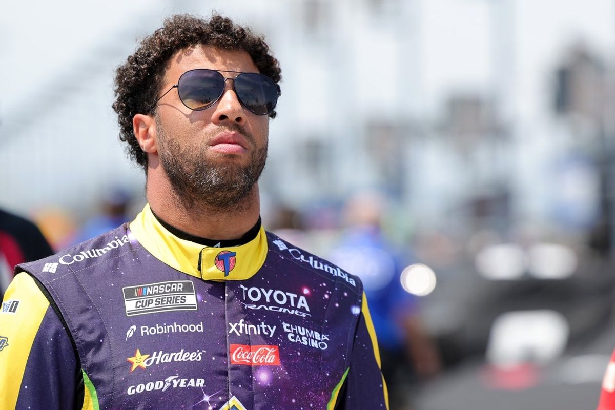 Jul 4, 2026; Joliet, Illinois, USA; NASCAR Cup Series driver Bubba Wallace (23) before qualifying for the eero 400 at Chicagoland Speedway. Mandatory Credit: Mike Dinovo-Imagn Images
