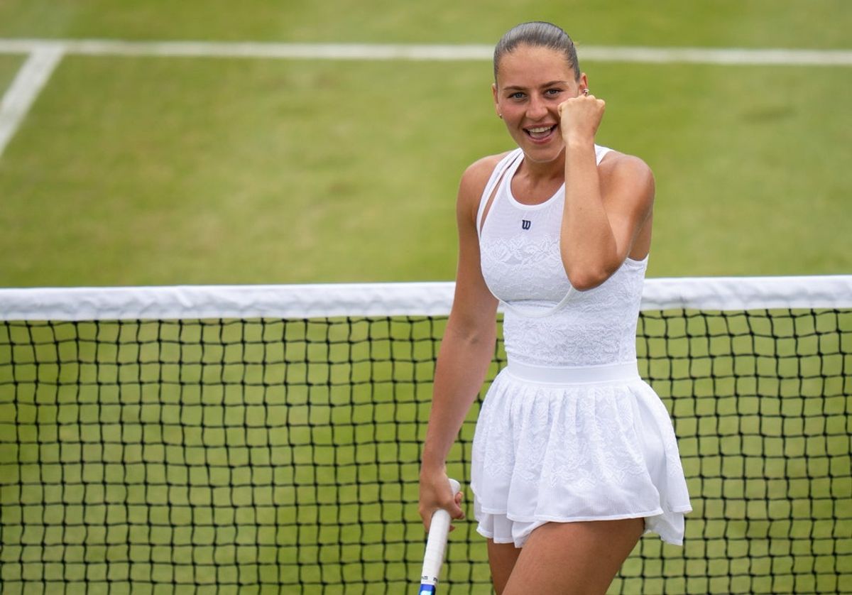 Jul 4, 2026; London, United Kingdom; Marta Kostyuk of Ukraine celebrates winning her match against Emma Navarro of the United States on day six at All England Lawn Tennis and Croquet Club.  Mandatory Credit: Susan Mullane-Imagn Images